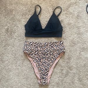 Aerie Leopard High Cut Cheeky Bottoms (Medium) With Black Triangle Top (Small)
